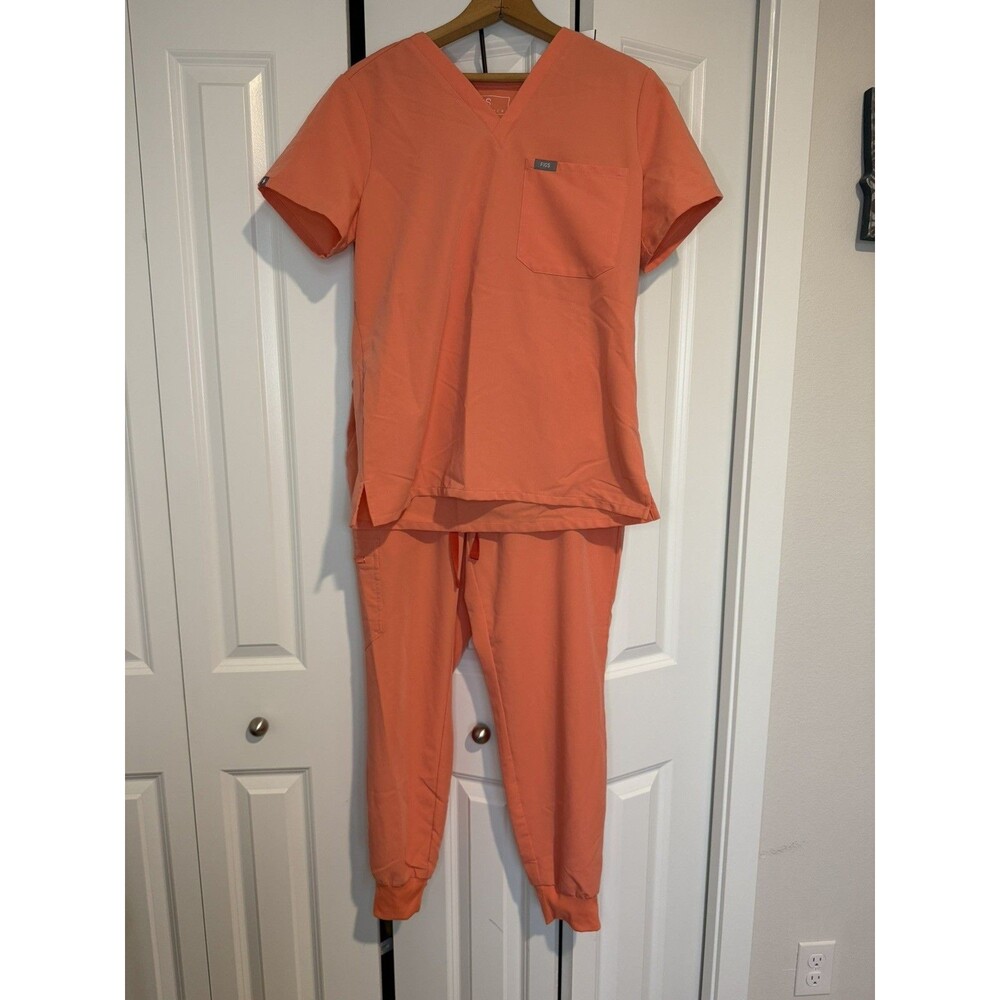 FIGS Women's Small Coral Orange Scrub Catarina Top & Zamora Pants Knit M/P